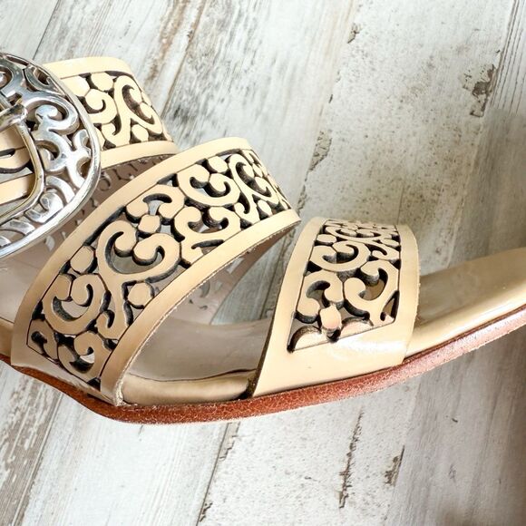 BRIGHTON Tinsel Leather Strappy High Heel Open Toe Beige Sandals Womens Size 7.5 - Picture 13 of 16